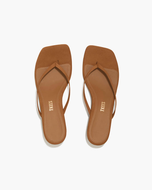 Square Toe Julia Suede Flip Flops in Camel - TKEES
