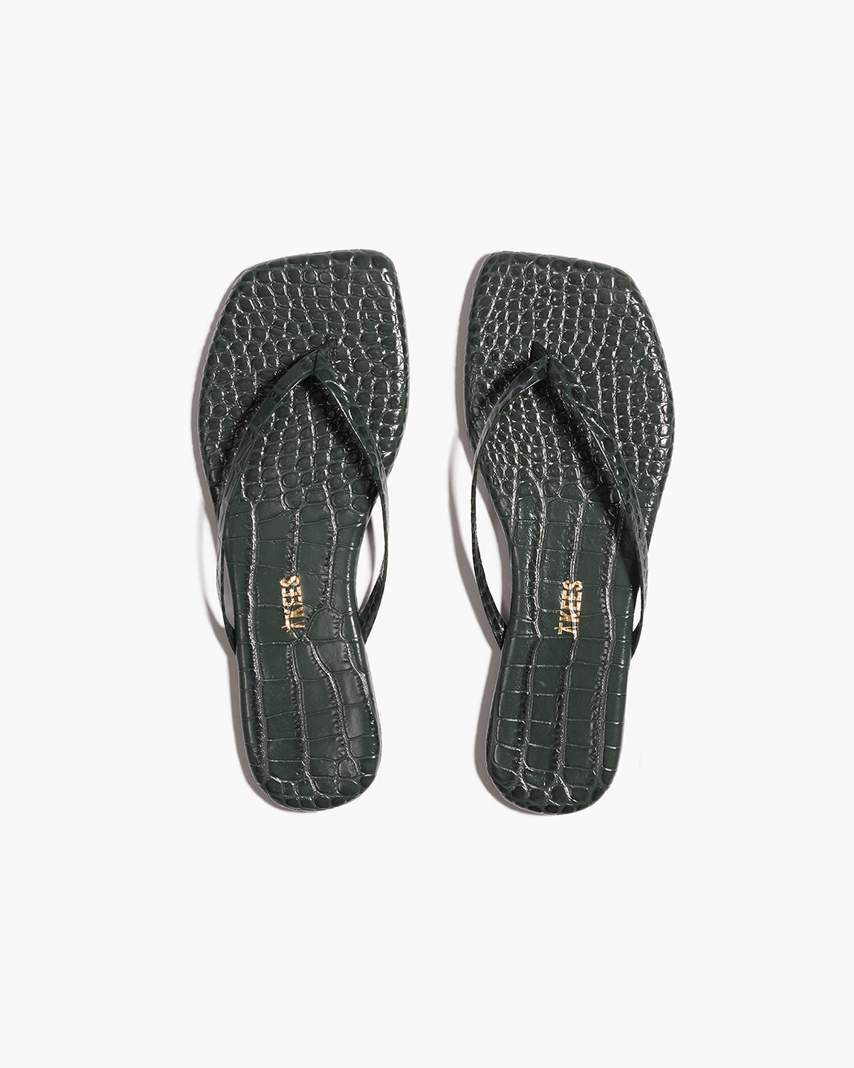 Square Toe Lily Croc Leather Flip Flops in Emerald - TKEES