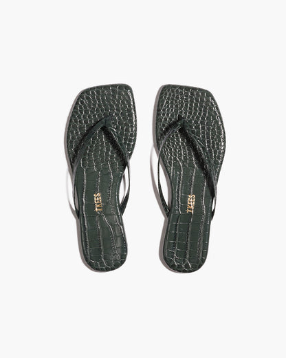 Square Toe Lily Croc Leather Flip Flops in Emerald - TKEES