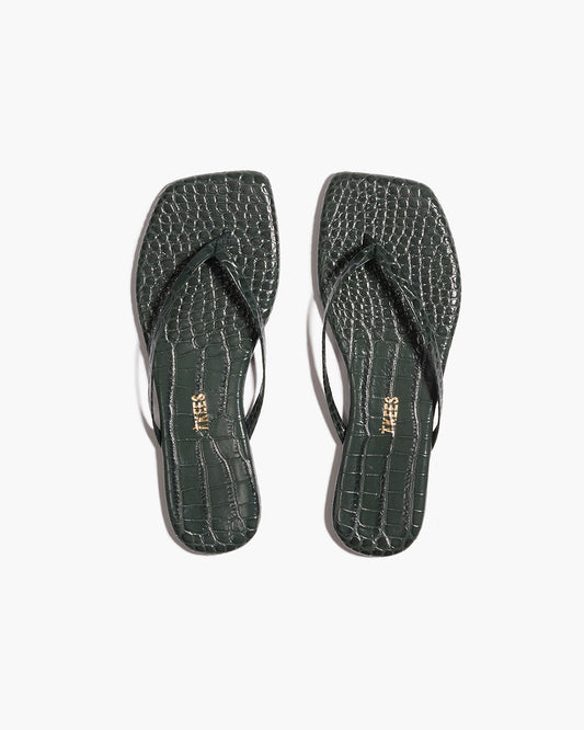 Square Toe Lily Croc Leather Flip Flops in Emerald - TKEES