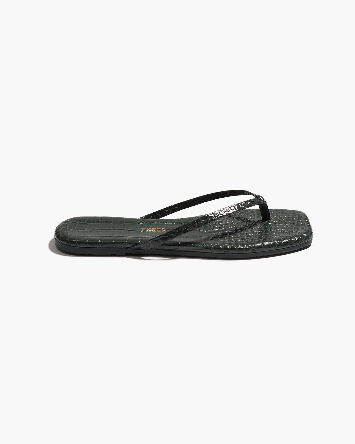Square Toe Lily Croc Leather Flip Flops in Emerald - TKEES