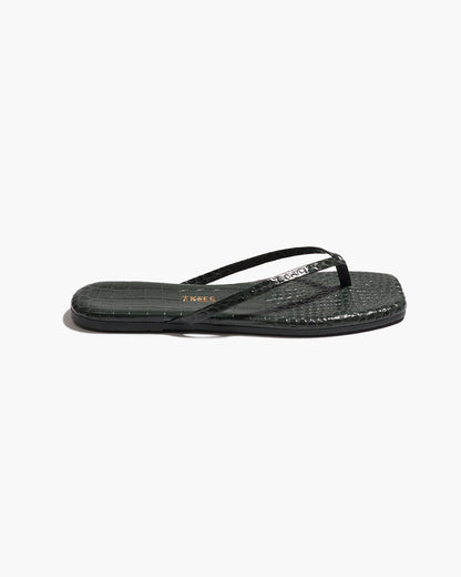Square Toe Lily Croc Leather Flip Flops in Emerald - TKEES
