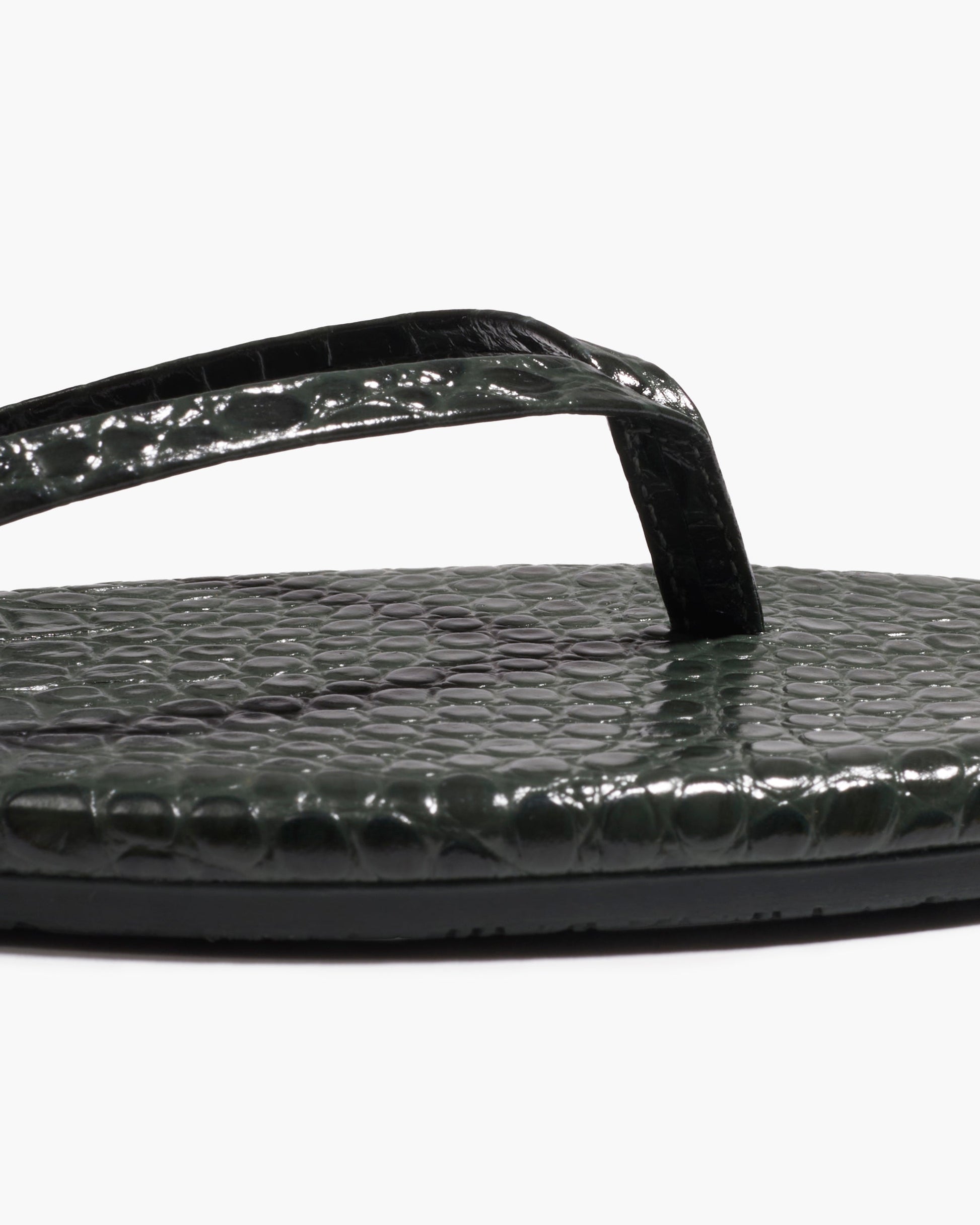 Square Toe Lily Croc Leather Flip Flops in Emerald - TKEES