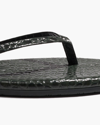 Square Toe Lily Croc Leather Flip Flops in Emerald - TKEES