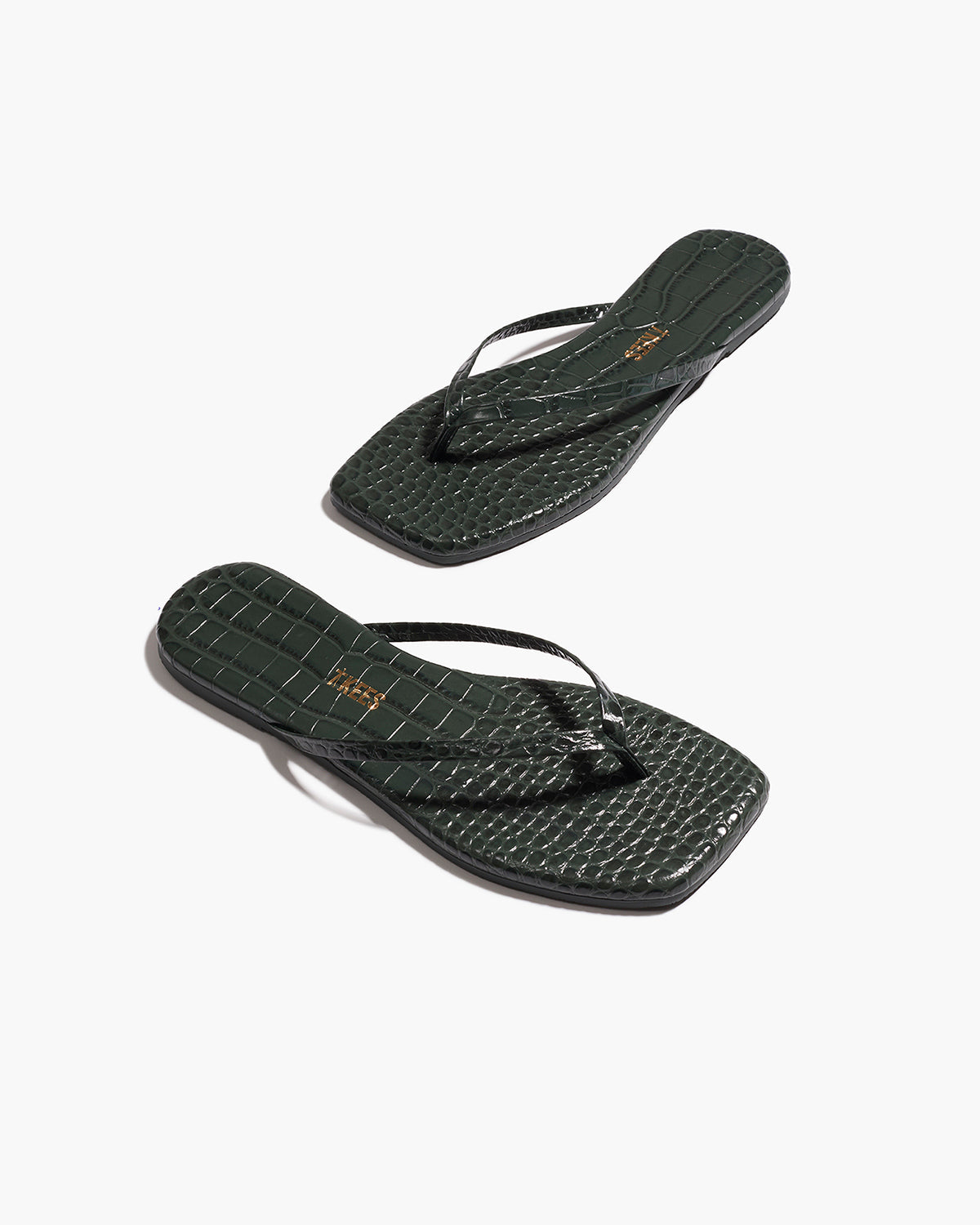 Square Toe Lily Croc Leather Flip Flops in Emerald - TKEES