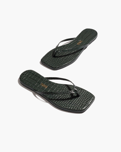 Square Toe Lily Croc Leather Flip Flops in Emerald - TKEES