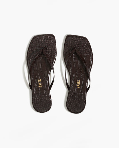 Square Toe Lily Croc Leather Flip Flops in Carob - TKEES