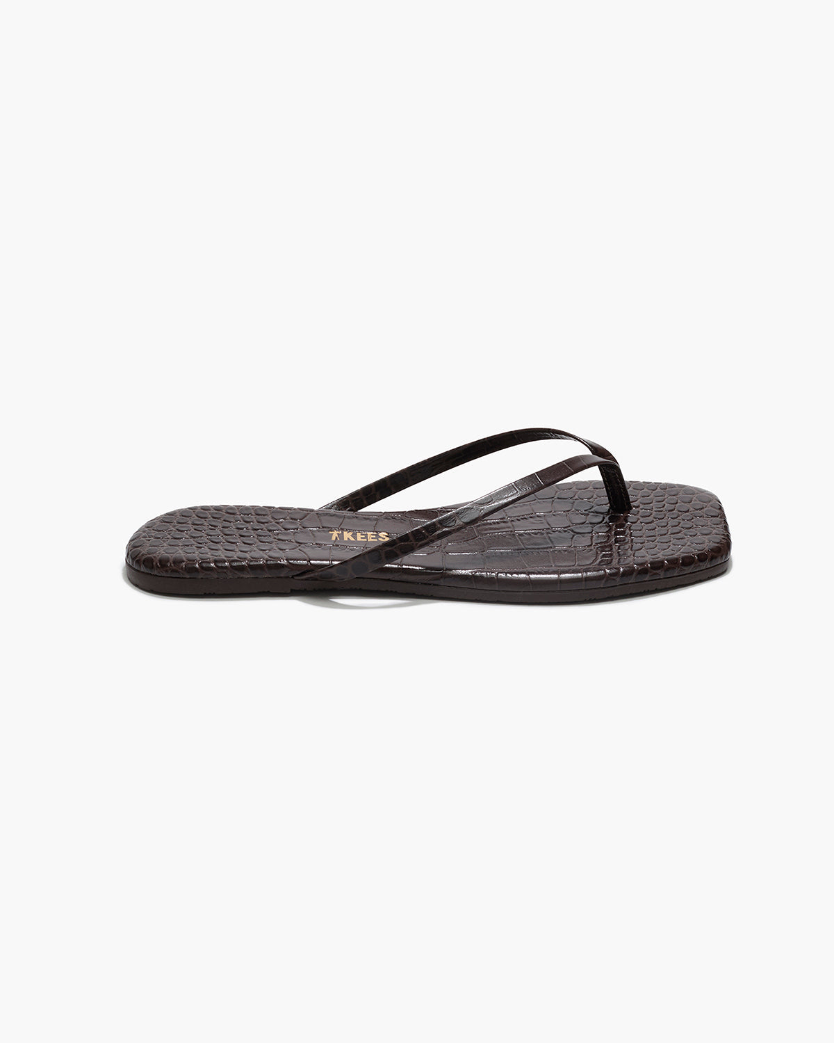 Square Toe Lily Croc Leather Flip Flops in Carob - TKEES