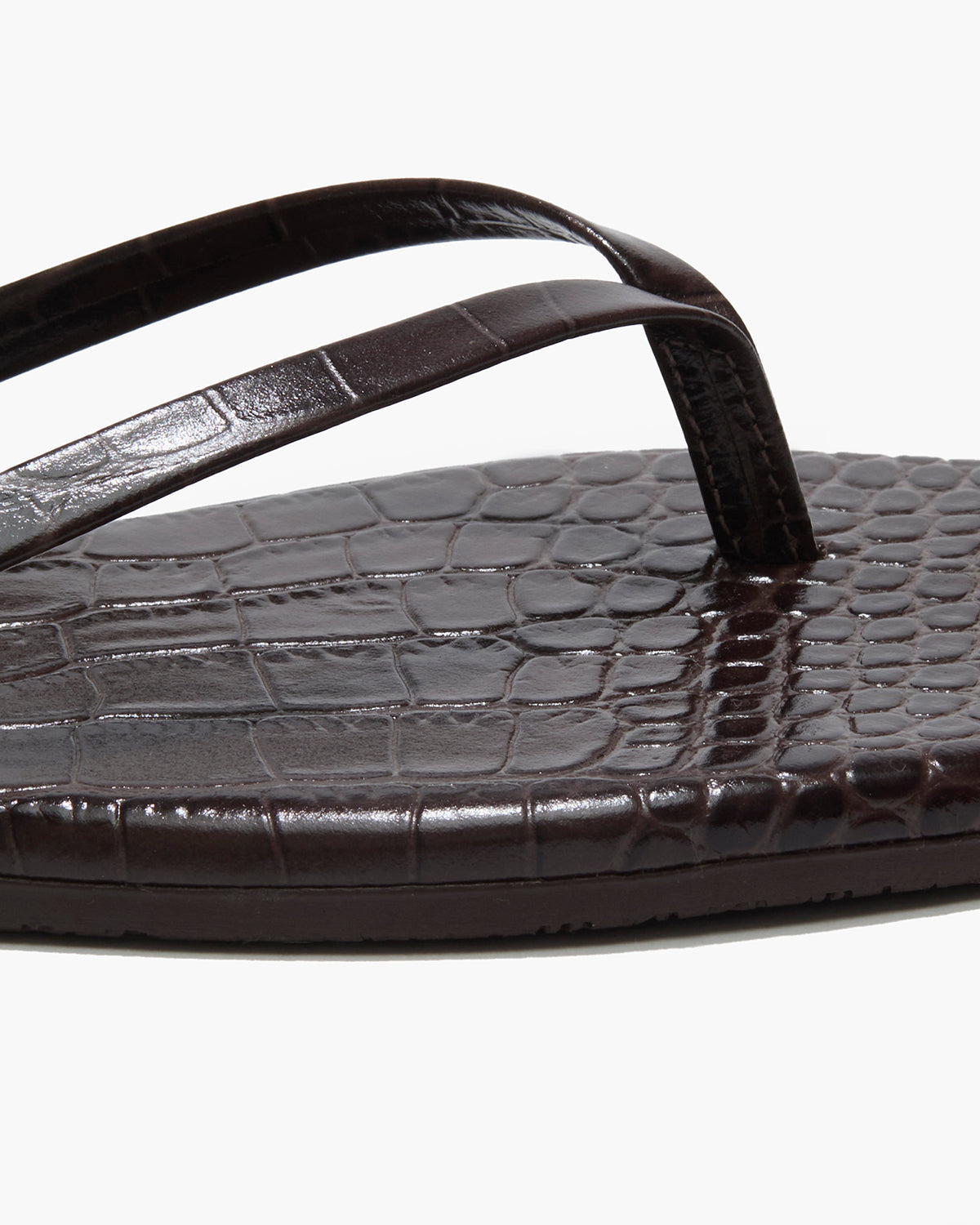 Square Toe Lily Croc Leather Flip Flops in Carob - TKEES