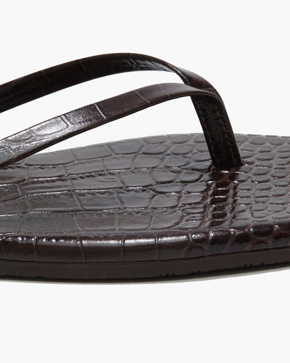Square Toe Lily Croc Leather Flip Flops in Carob - TKEES