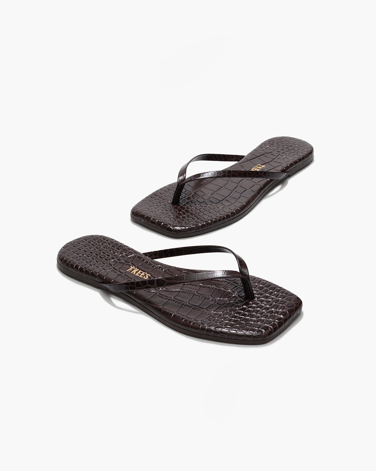 Square Toe Lily Croc Leather Flip Flops in Carob - TKEES