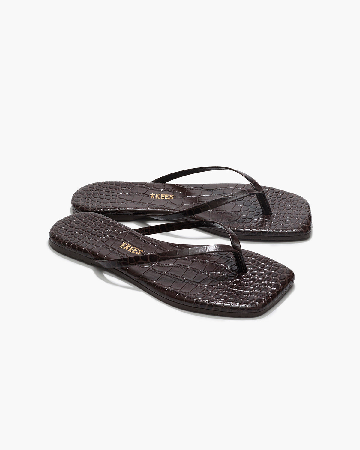 Square Toe Lily Croc Leather Flip Flops in Carob - TKEES