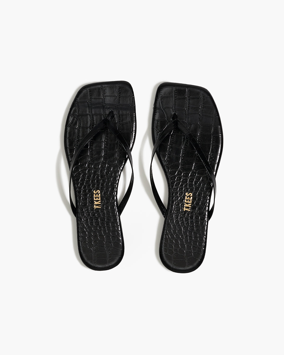 Square Toe Lily Croc Leather Flip Flops in Sable - TKEES