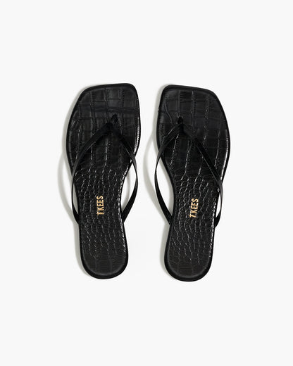 Square Toe Lily Croc Leather Flip Flops in Sable - TKEES