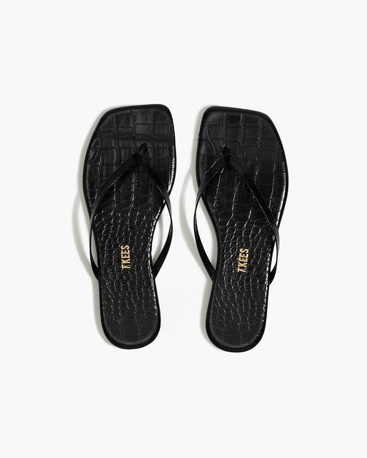 Square Toe Lily Croc Leather Flip Flops in Sable - TKEES