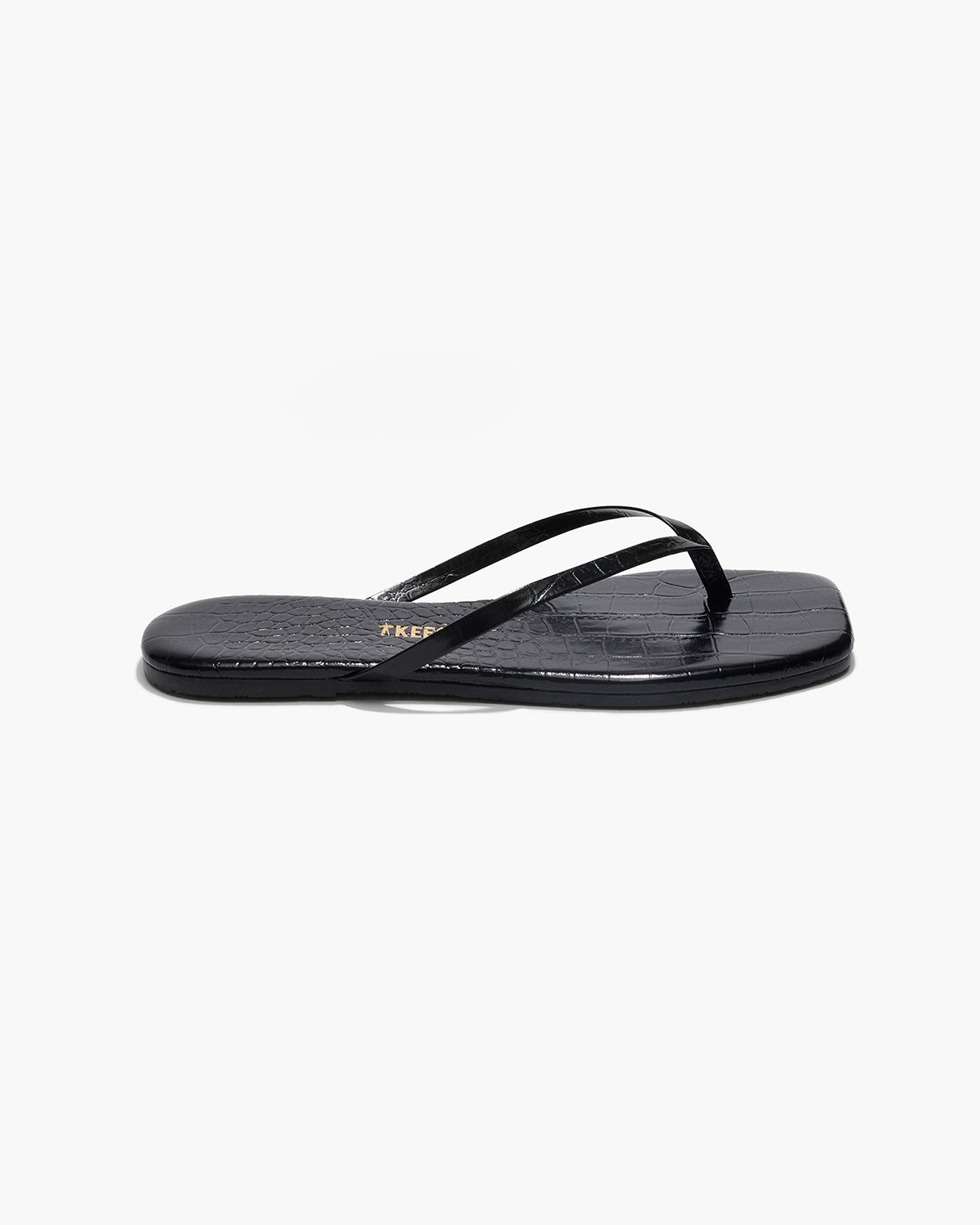 Square Toe Lily Croc Leather Flip Flops in Sable - TKEES
