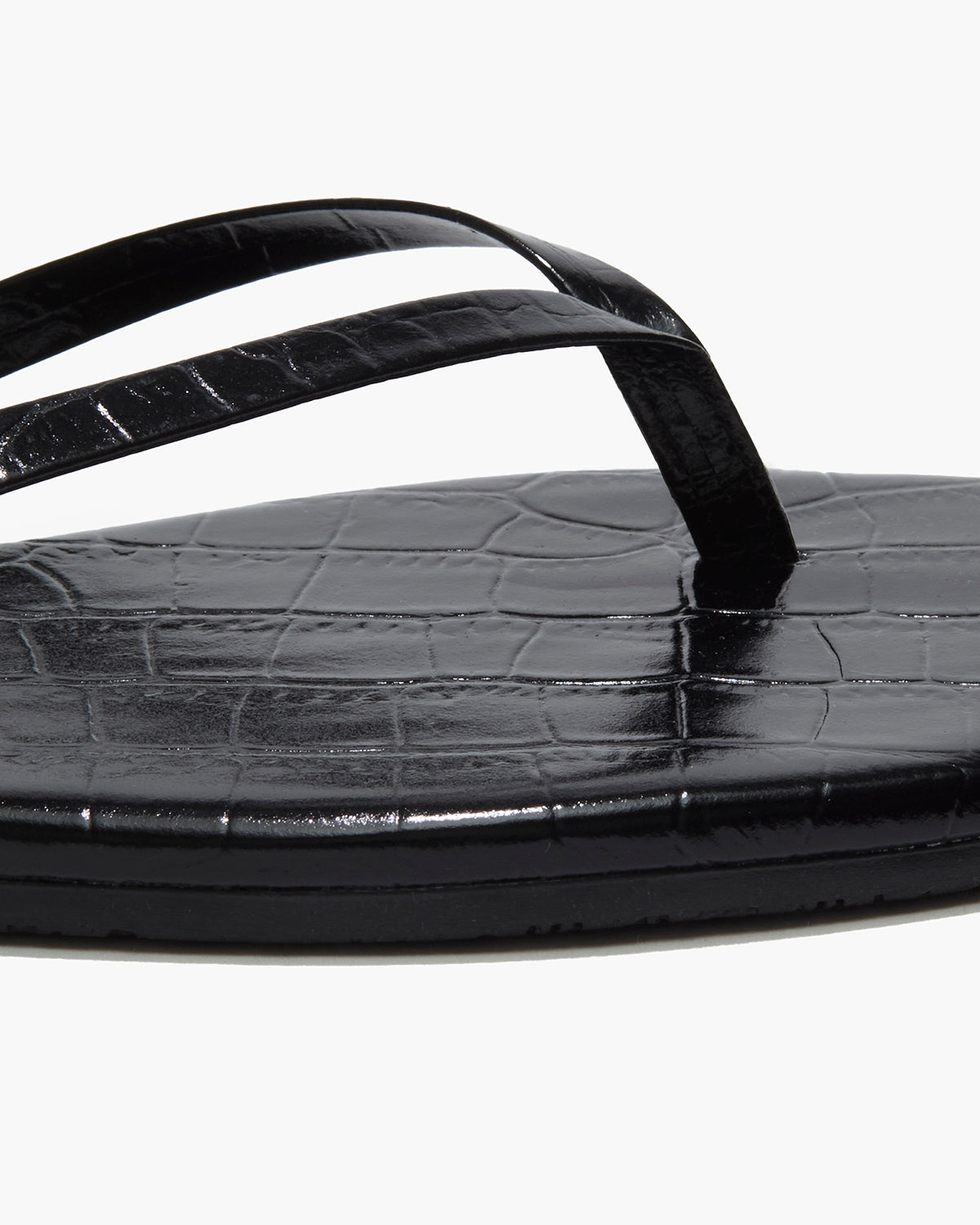 Square Toe Lily Croc Leather Flip Flops in Sable - TKEES