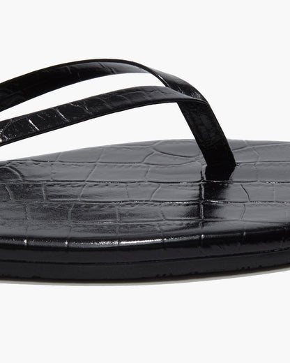 Square Toe Lily Croc Leather Flip Flops in Sable - TKEES