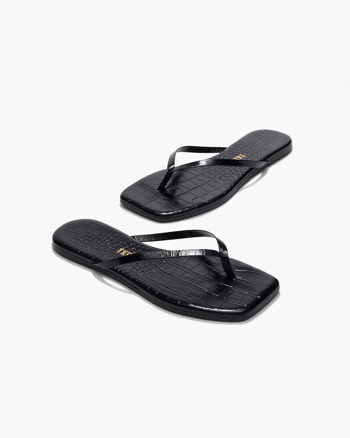 Square Toe Lily Croc Leather Flip Flops in Sable - TKEES