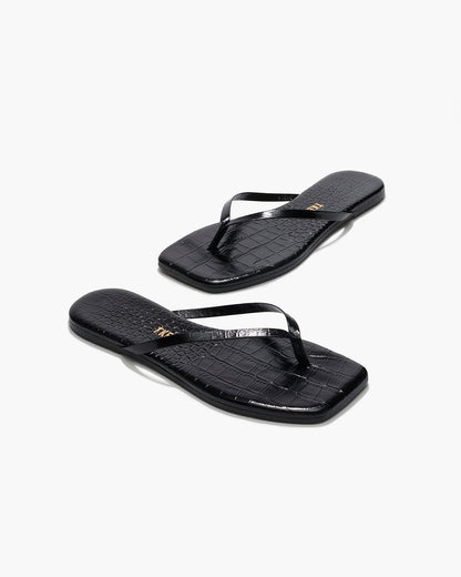Square Toe Lily Croc Leather Flip Flops in Sable - TKEES