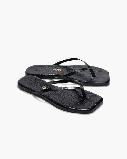 Square Toe Lily Croc Leather Flip Flops in Sable - TKEES
