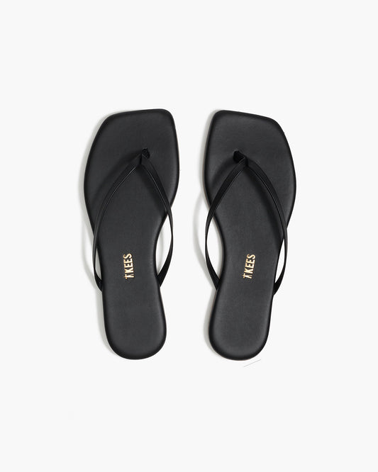 Square Toe Lily Leather Flip Flops in Black - TKEES