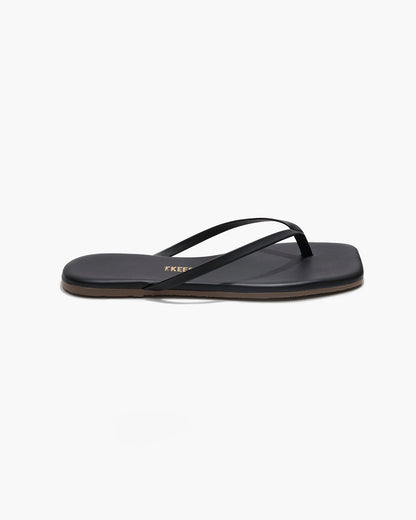 Square Toe Lily Leather Flip Flops in Black - TKEES
