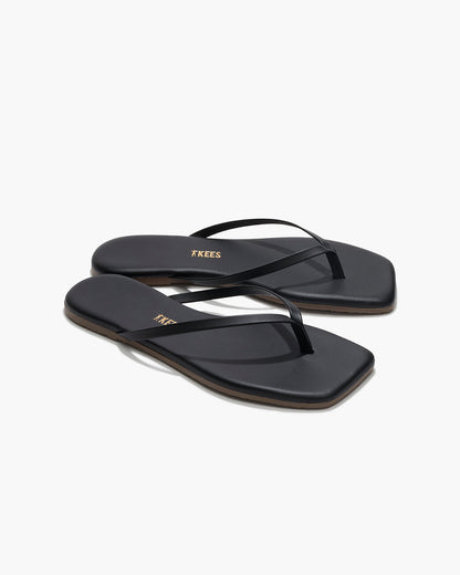 Square Toe Lily Leather Flip Flops in Black - TKEES