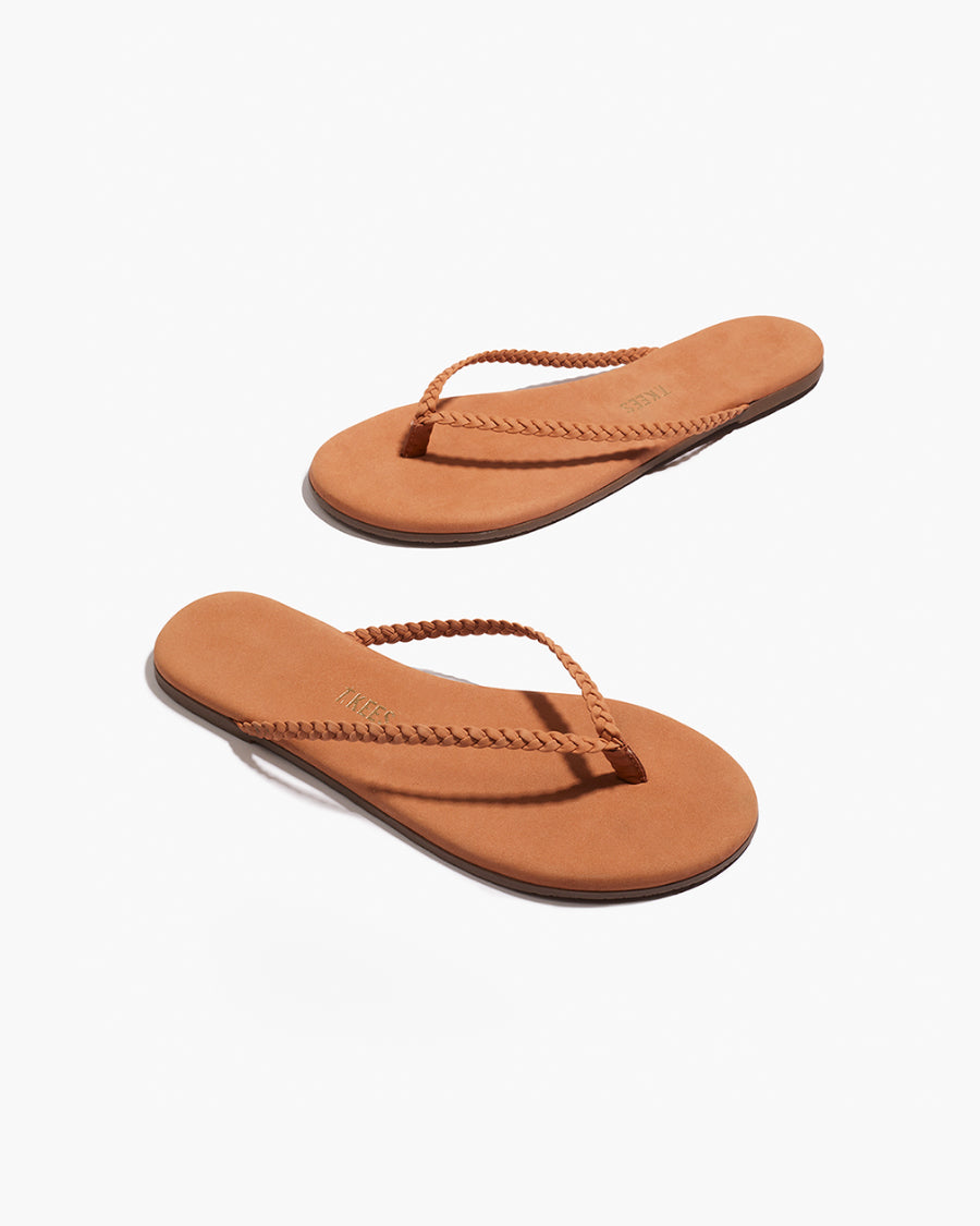 Lily Braid Leather Flip Flops in Pout - TKEES