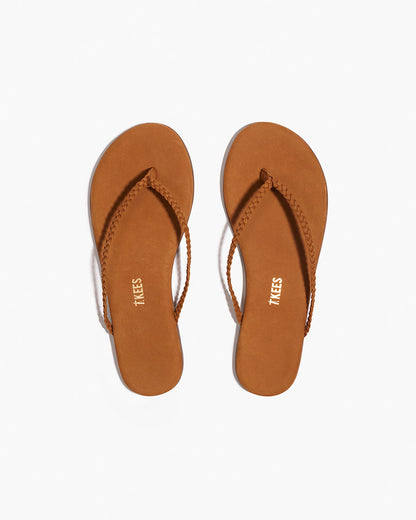 Lily Braid Leather Flip Flops in Camel - TKEES