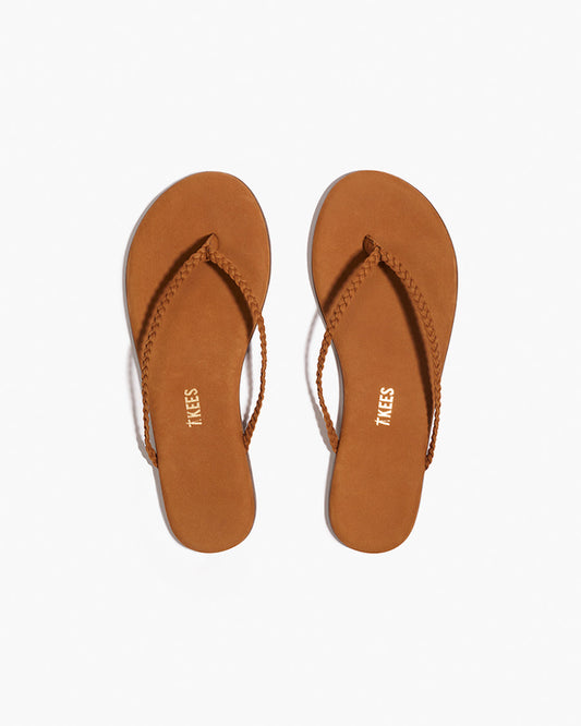 Lily Braid Leather Flip Flops in Camel - TKEES