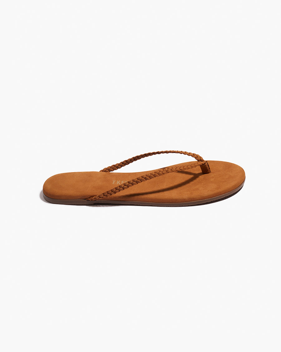 Lily Braid Leather Flip Flops in Camel - TKEES