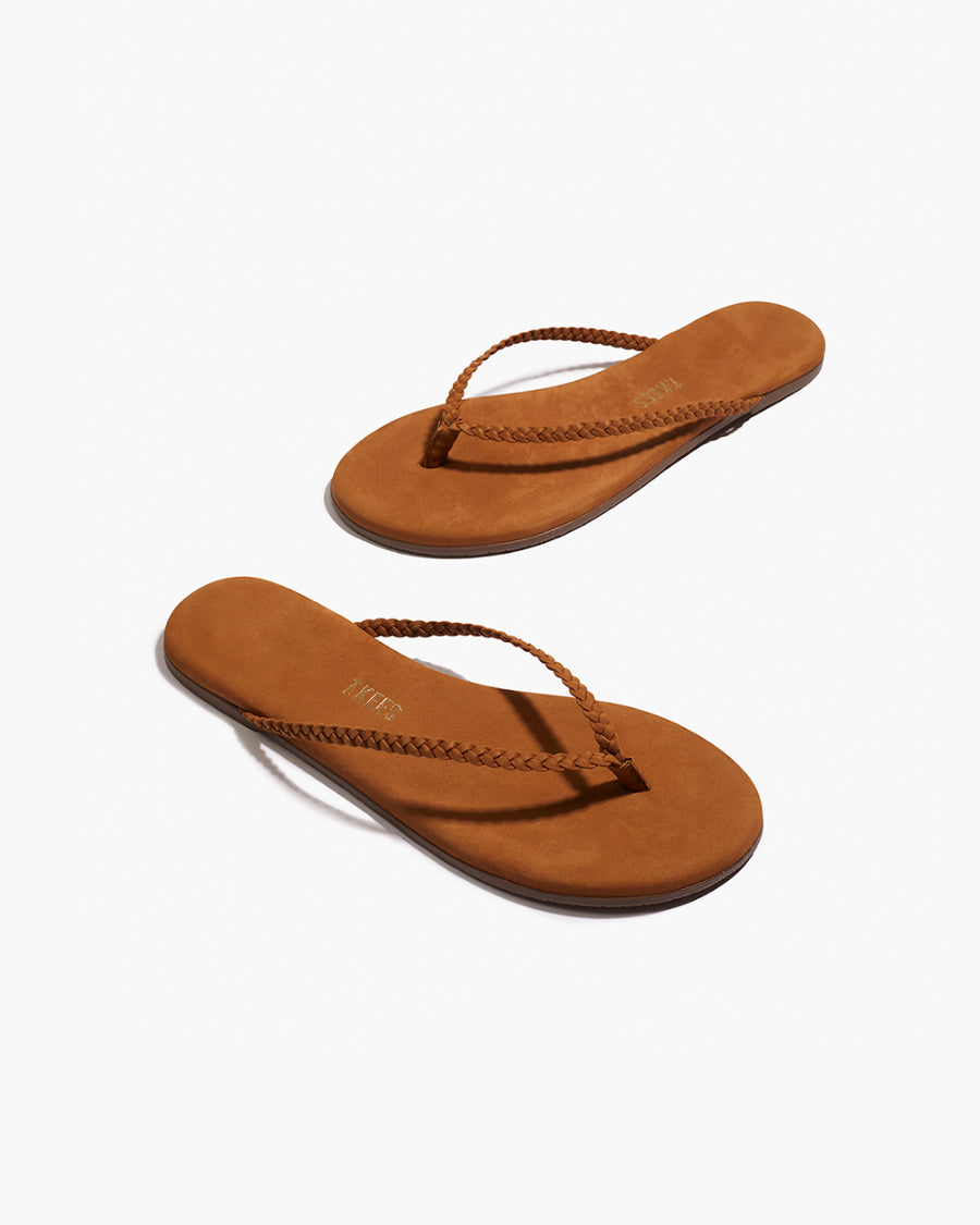 Lily Braid Leather Flip Flops in Camel - TKEES