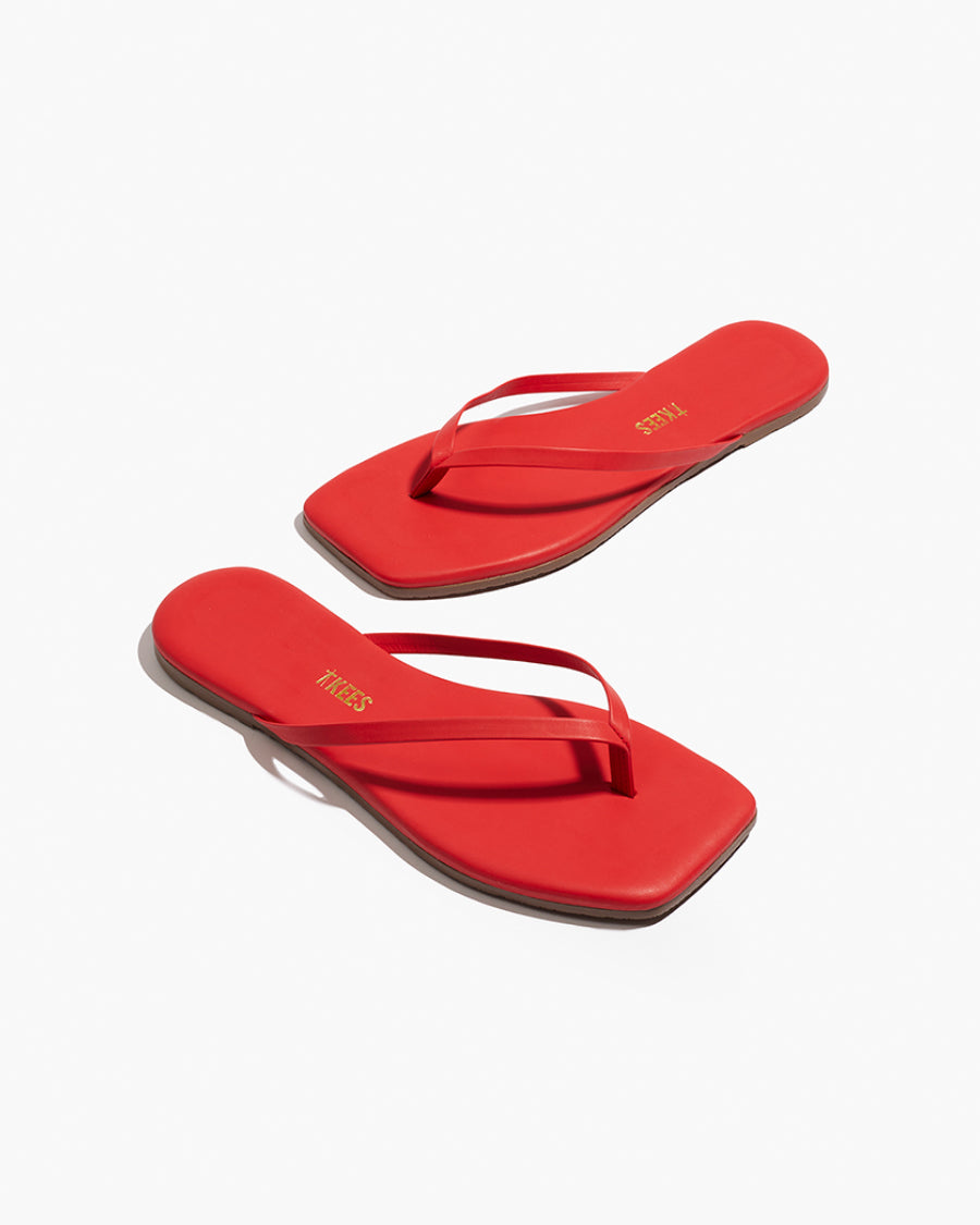Square Toe Lily Leather Flip Flops in Red - TKEES
