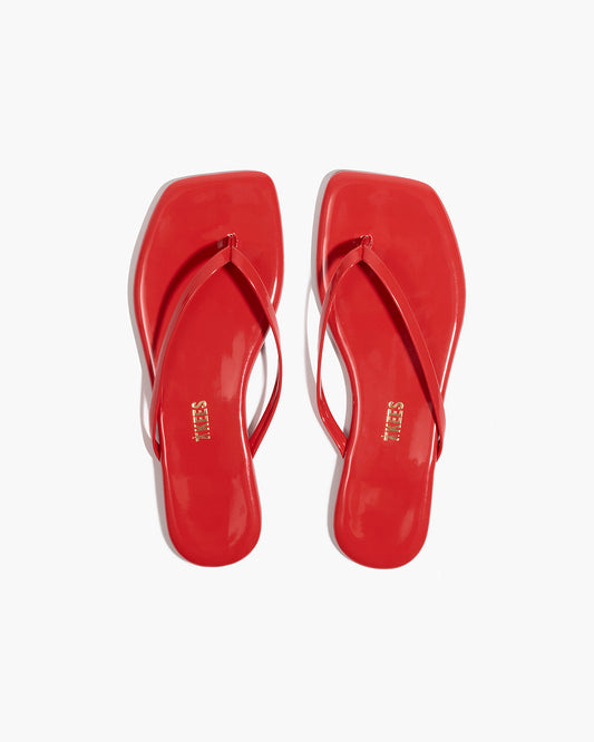 Square Toe Lily Leather Flip Flops in Red Gloss - TKEES