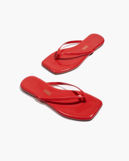 Square Toe Lily Leather Flip Flops in Red Gloss - TKEES