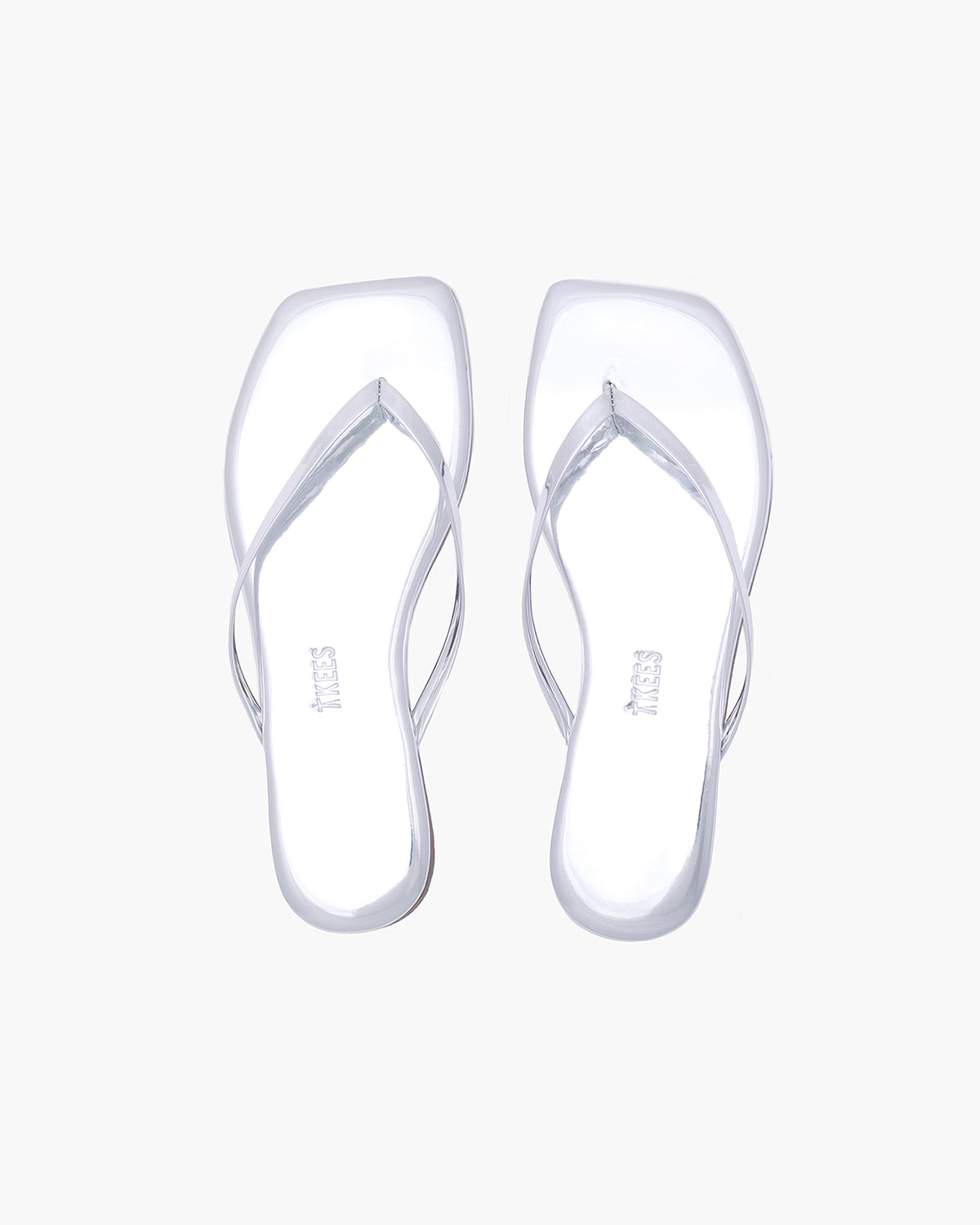 Square Toe Lily Mirror Leather Flip Flops in Chrome - TKEES