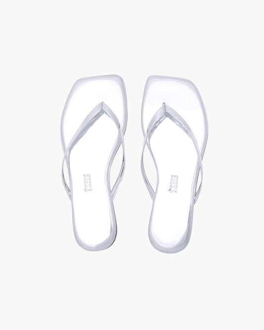 Square Toe Lily Mirror Leather Flip Flops in Chrome - TKEES