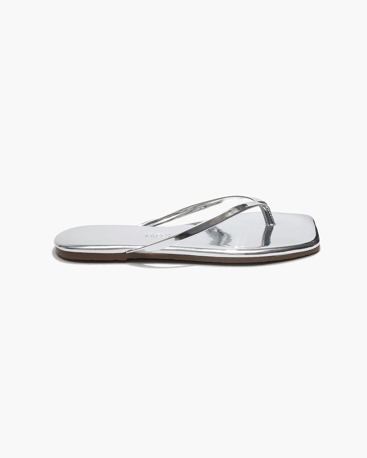 Square Toe Lily Mirror Leather Flip Flops in Chrome - TKEES