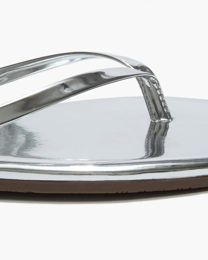 Square Toe Lily Mirror Leather Flip Flops in Chrome - TKEES