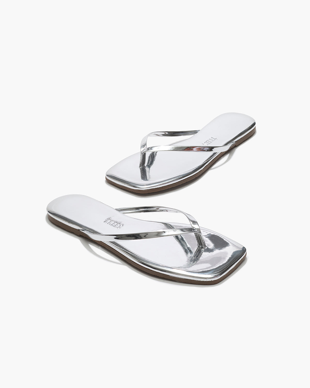 Square Toe Lily Mirror Leather Flip Flops in Chrome - TKEES