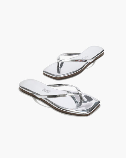 Square Toe Lily Mirror Leather Flip Flops in Chrome - TKEES