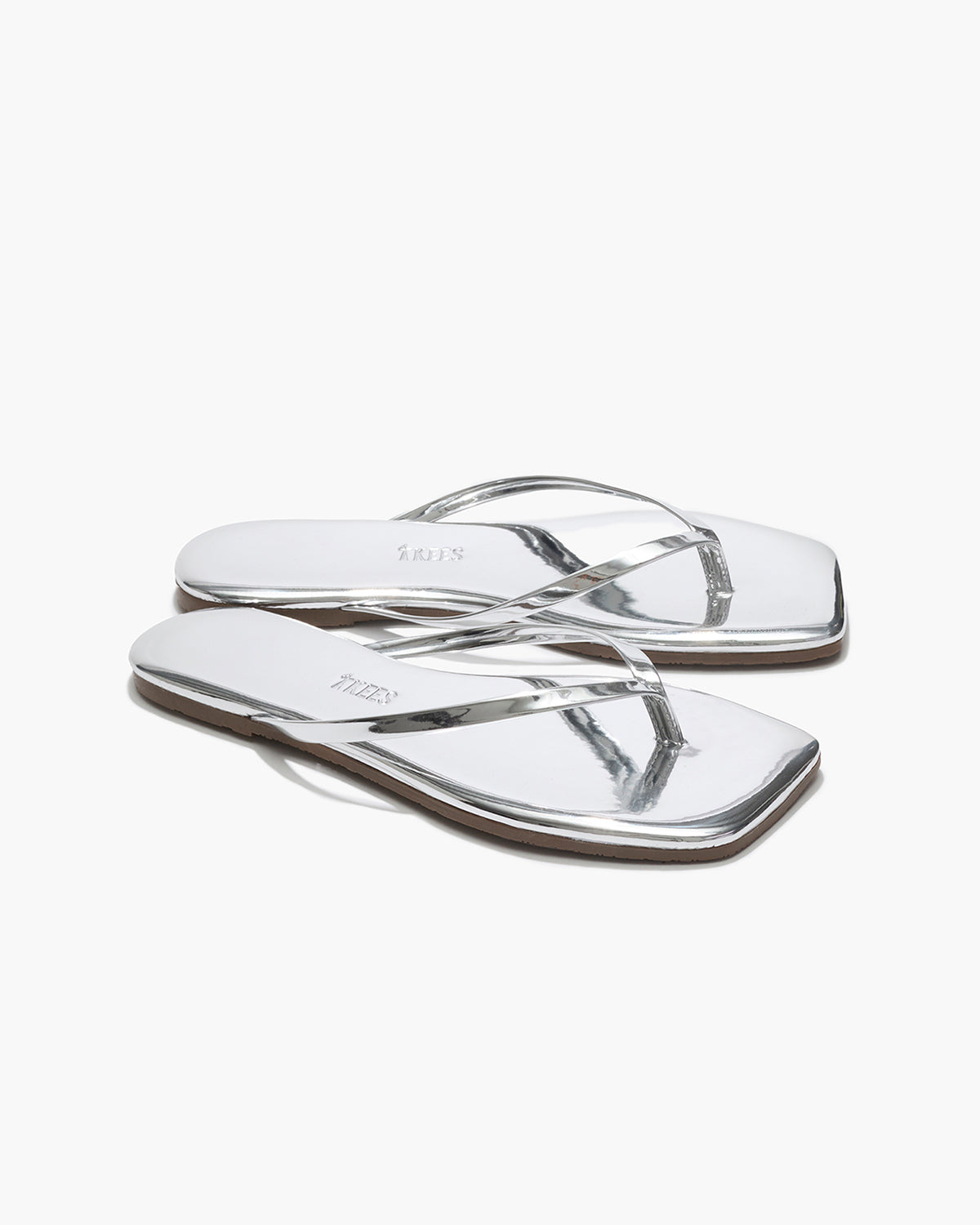 Square Toe Lily Mirror Leather Flip Flops in Chrome - TKEES