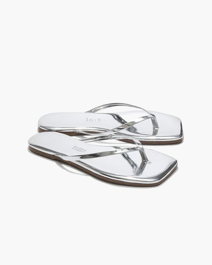 Square Toe Lily Mirror Leather Flip Flops in Chrome - TKEES