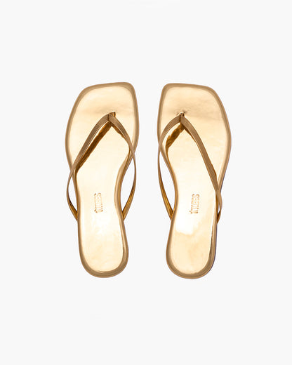 Square Toe Lily Mirror Leather Flip Flops in Gold - TKEES