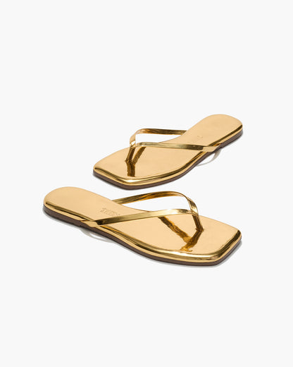 Square Toe Lily Mirror Leather Flip Flops in Gold - TKEES