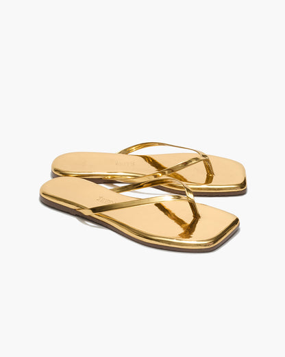 Square Toe Lily Mirror Leather Flip Flops in Gold - TKEES