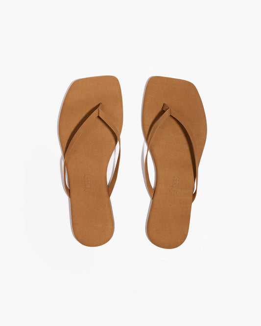 Square Toe Lily Suede Flip Flops in Camel - TKEES