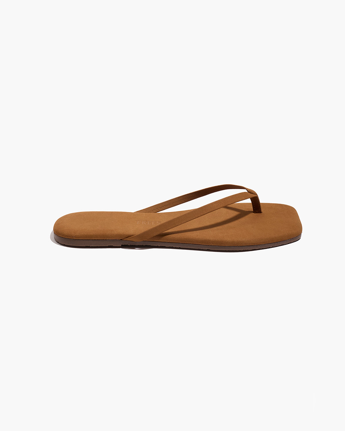 Square Toe Lily Suede Flip Flops in Camel - TKEES