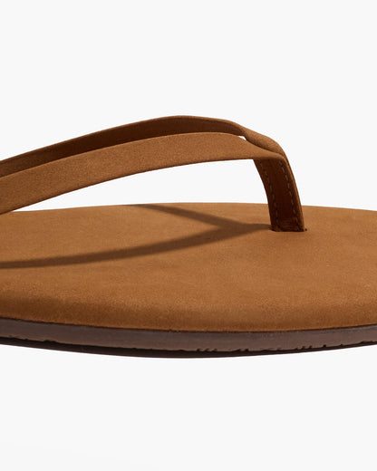 Square Toe Lily Suede Flip Flops in Camel - TKEES